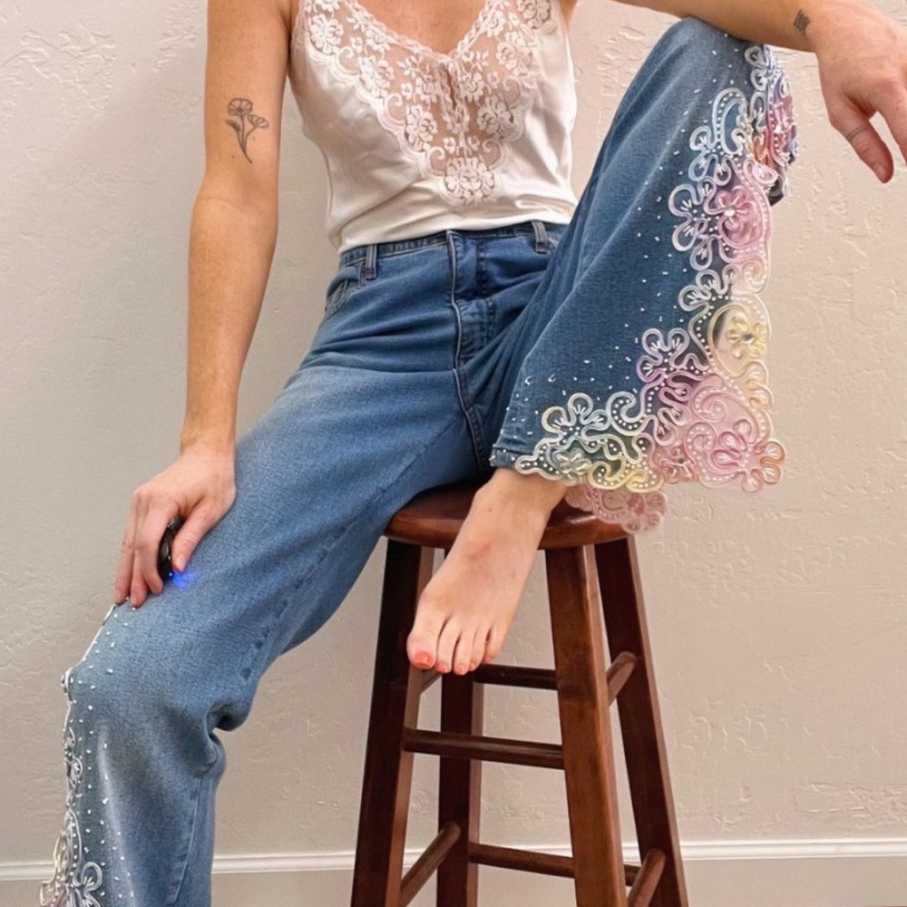 Fairy Core Embroidered Blue Jeans with Multicolor Detailing